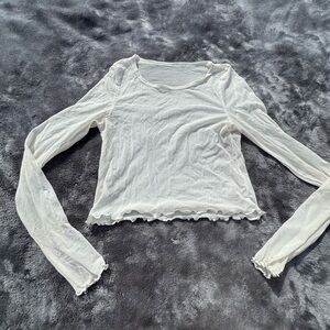 Aerie White Long Sleeve Mesh Top Sheer+Ruffled Hem🤍